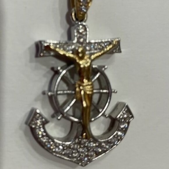 White & Yellow Gold RD Brilliant Cut 1 Carat Diamond Mariner Cross Shape Pendant - Picture 1 of 3